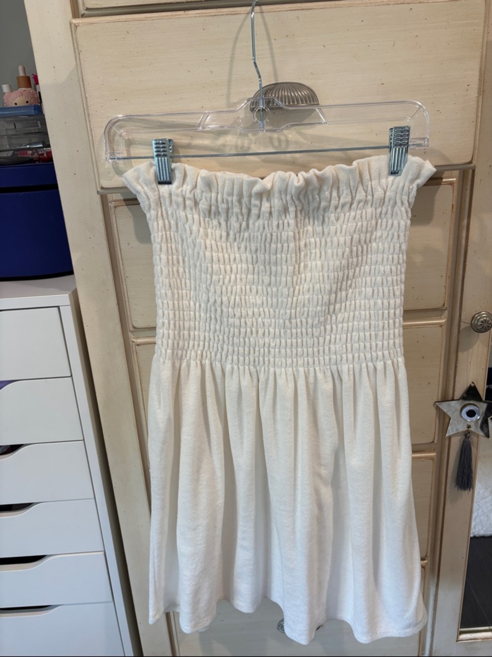 Aqua Strapless Cream Smocked Sundress